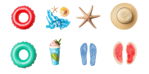 A summer flat lay featuring colorful pool floats. a refreshing drink. starfish. a sun hat. and watermelon slices. set against a clean white background. ideal for vacation and leisure themes