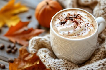 Warm pumpkin spice latte with whipped cream, cocoa, and coffee beans, resting on a cozy knitted blanket with fall leaves