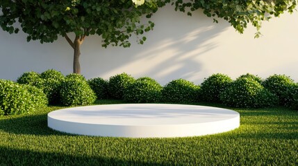 elegant minimalistic presentation stage amidst lush greenery under a soft, diffused sunlight, an outdoor scene evoking serene feelings