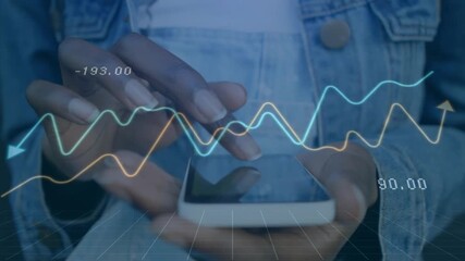 Woman holding smartphone and tapping screen, finger dragging, updating finance graphs for analysis - Powered by Adobe