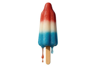 Melting rocket ice pop on a stick, showing red, white, and blue colors, a refreshing patriotic summer treat