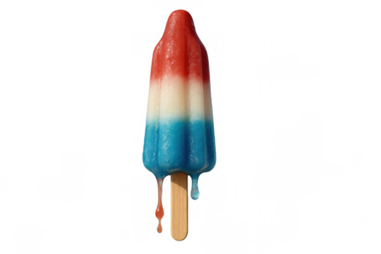 Melting rocket ice pop on a stick, showing red, white, and blue colors, a refreshing patriotic summer treat