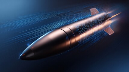 High-speed propulsion: the evolution of modern missile design. Digital innovation. Matte finish missile with blue fins and aerodynamic refinements explored. Futuristic technology.