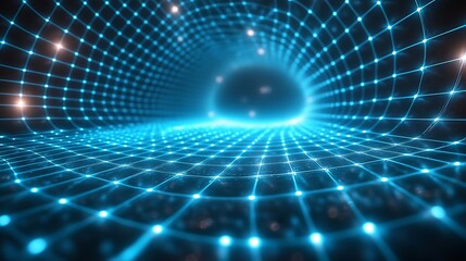 Abstract blue glowing grid tunnel with perspective and light flares in a dark environment