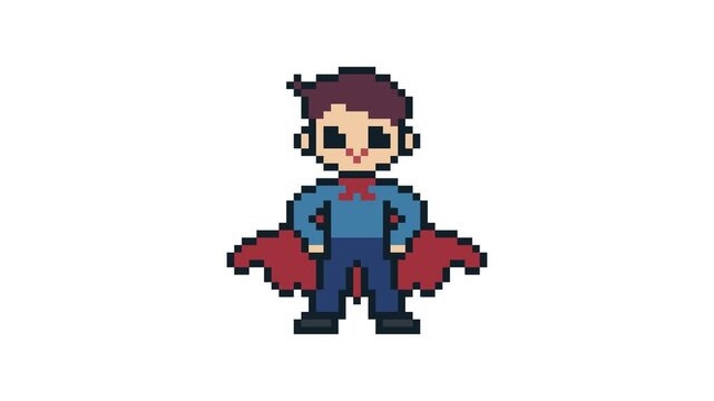 8-bit pixel art super hero boy wearing red cape in a confident posture. looped animation 4k 30fps