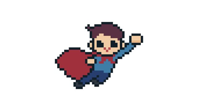 8-bit pixel art super hero boy wearing red cape fly with a fist in his hand. looped animation 4k 30fps