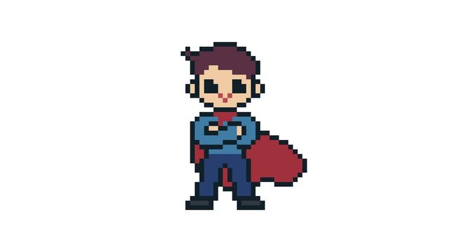 8-bit pixel art super hero boy wearing red cape cross his arms. looped animation 4k 30fps