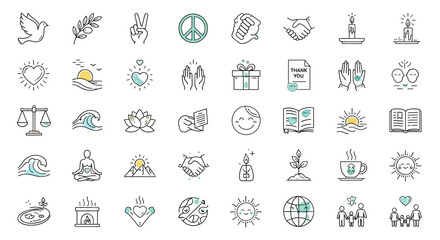 Collection of Diverse Icons Representing Peace Unity and Wellbeing. Vector Illustrations. EPS Editable