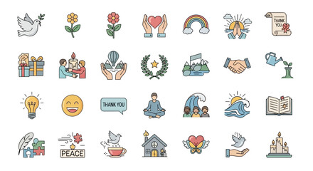 Collection of Diverse Icons Representing Positive Concepts and Symbols. Vector Illustrations. EPS Editable