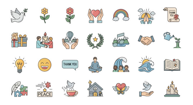 Collection of Diverse Icons Representing Positive Concepts and Symbols. Vector Illustrations. EPS Editable