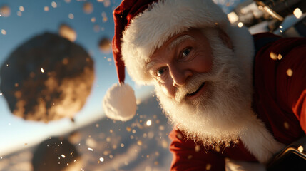 A cheerful Santa in a cosmic setting, exploring space with asteroids around, reflecting an imaginative and fun twist on traditional holiday themes in a vast universe.
