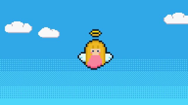 8-bit pixel art a baby angel girl with blonde hair rising into the sky. looped animation 4k 30fps