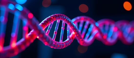 Abstract Representation of Colorful DNA Strand with Neon Lights on Dark Background for Scientific Illustrations and Genetic Research Visuals