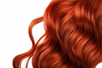 A close-up view of red wavy hair cascading elegantly against a soft white background. its texture and shine. ideal for beauty and haircare promotions