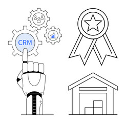 Robotic hand pointing to CRM on a gear, with additional gear charts, award ribbon for quality, and warehouse icon. Ideal for CRM systems, automation, AI, logistics, innovation productivity