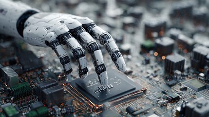 Robotic hand precisely interacting with intricate motherboard components