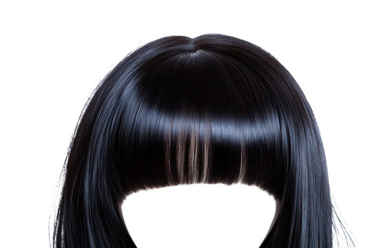 A close-up view of sleek. straight. black hair with blunt bangs. its shine and texture against a clean. white background. ideal for hair care or styling promotions