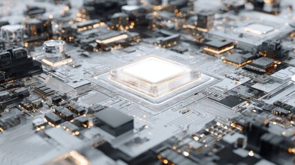 Futuristic motherboard with central processing unit, showcasing advanced technology
