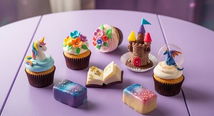 Fantasy-themed cupcakes and desserts on a purple table.