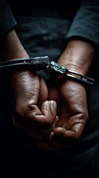 Close up view of clenched hands tightly bound by metal handcuffs behind a back