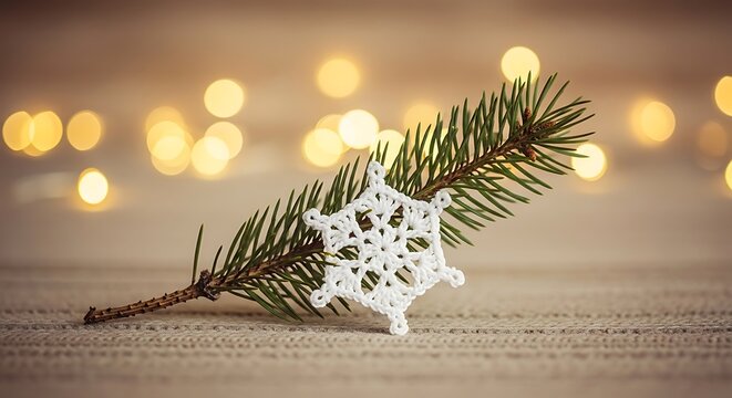 Crochet snowflake ornament on pine branch with festive bokeh