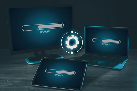 Updating software update system man progress bar update progress on laptop update upgrade technology process installation