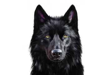 A strikingly detailed portrait of a majestic black wolf with piercing golden eyes. its powerful presence and intricate fur textures against a plain white background. ideal for wildlife enthusiasts