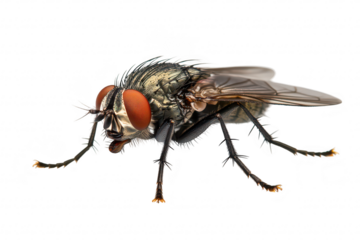 A close-up view of a fly with intricate details. its red eyes and delicate wings. set against a plain white background. ideal for educational and scientific purposes