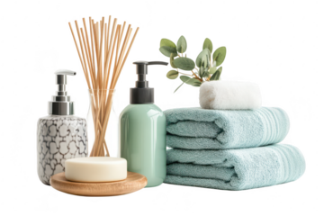 A serene bathroom setting featuring luxurious toiletries including scented candles. decorative towels. and essential oils. creating a calming atmosphere for relaxation and self-care