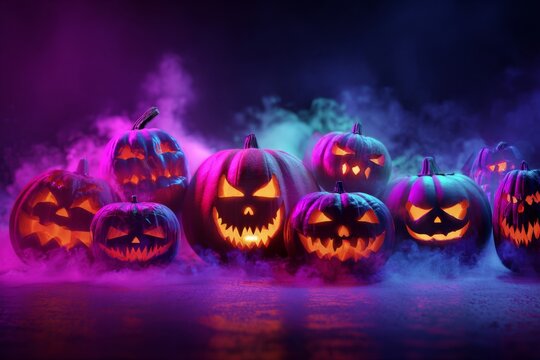 Haunting neon pumpkins illuminate an enchanted halloween night. Glamour photo. Foggy halloween party scene with vibrant neon jack-o'-lanterns. Visual identity. Product showcase.