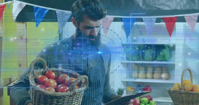 Market vendor checking clipboard holding tomato basket, HUD overlay tracking inventory glitching