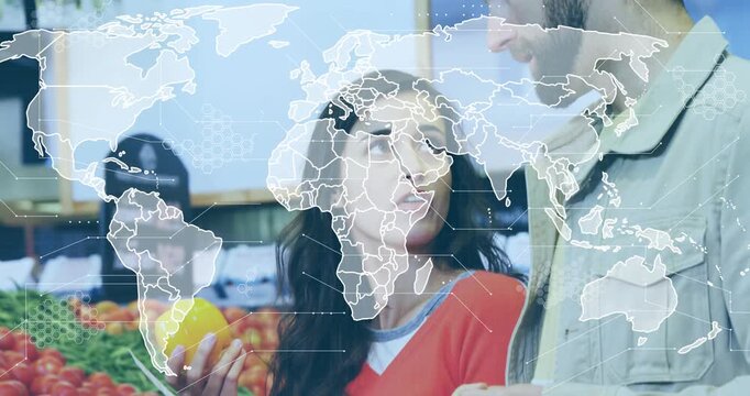 Woman holding bell pepper, list sparking man pointing map overlay spanning faces selecting food