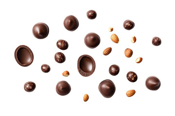 An assortment of chocolate candies featuring whole and halved pieces. scattered amongst almonds. creating a visually appealing arrangement on a clean white background. ideal for dessert or confectione