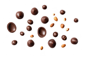 An assortment of chocolate candies featuring whole and halved pieces. scattered amongst almonds. creating a visually appealing arrangement on a clean white background. ideal for dessert or confectione