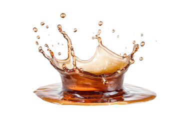 A dynamic splash of brown liquid creating a crown-like formation against a pristine white background. the beauty of fluid motion and potential for creative beverage photography