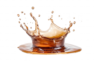 A dynamic splash of brown liquid creating a crown-like formation against a pristine white background. the beauty of fluid motion and potential for creative beverage photography