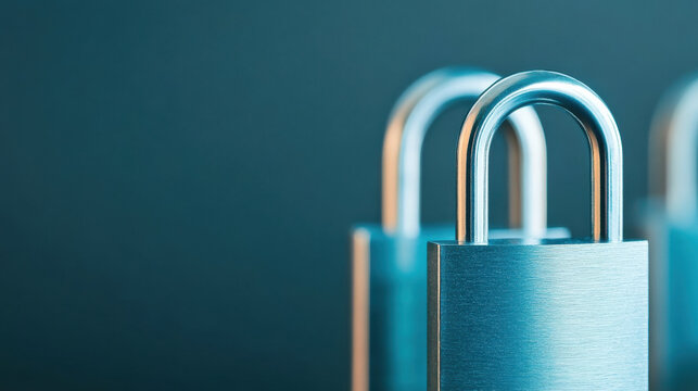 Close up of metallic padlock with blurred background, symbolizing security and protection in cool blue tone