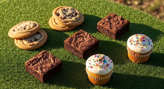 Assortment of freshly baked chocolate chip cookies, fudgy brownies, and vanilla cupcakes with sprinkles displayed on a vibrant green artificial grass surface.