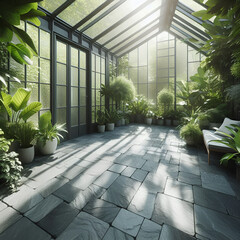 Serene Sunroom Sanctuary Featuring Textured Grey and Charcoal Irregular Slate Tile Flooring for Modern Living