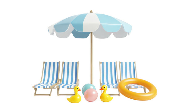 A beach scene featuring striped lounge chairs. a colorful umbrella. and playful rubber ducks alongside beach balls and a float. evoking a fun summer atmosphere
