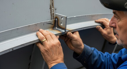 Experienced metalworker aligning welded steel frame with bracket using both hands in workshop, close up on craftsman adjusting precise fit during construction assembly