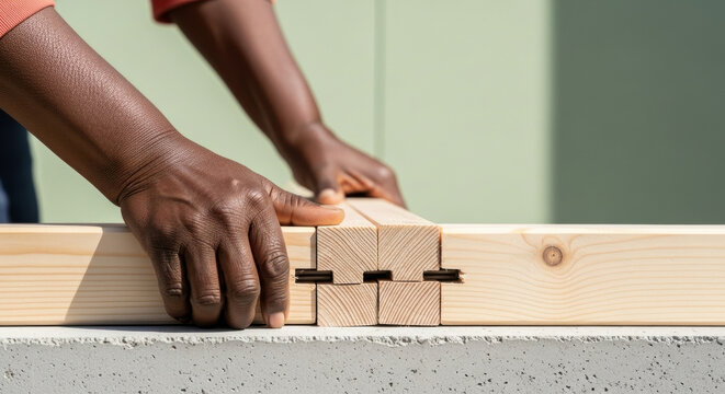 Precise hands assembling wooden beam with intricate joinery on concrete base, closeup of skilled carpenter aligning interlocking timber pieces against soft green background - Powered by Adobe