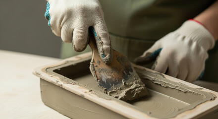 Close up of gloved artisan smoothing wet concrete mixture in rectangular mold with metal spatula, preparing level surface for casting handmade cement object
