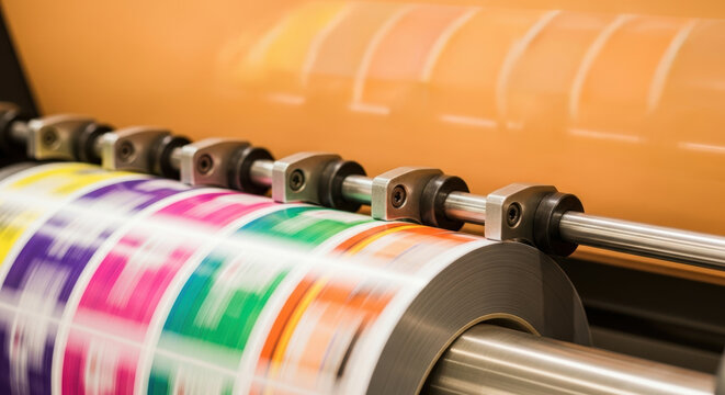 High speed industrial label printing machine with colorful paper roll in motion showing modern packaging production and flexible packaging industry process