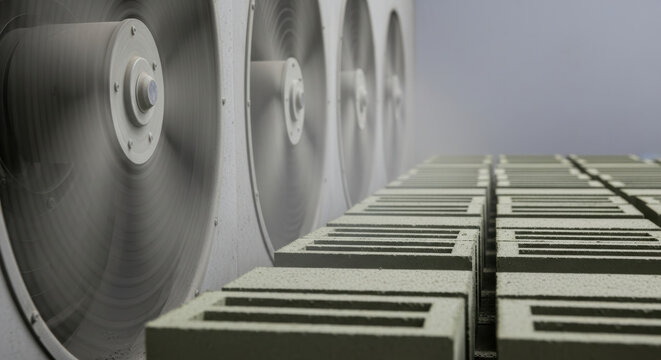 Industrial ventilation fans cooling fresh concrete cinder blocks in manufacturing facility, powerful air circulation system drying green masonry units in controlled production environment