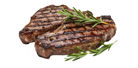 Juicy grilled steaks garnished with fresh rosemary. a mouthwatering presentation against a clean white background. ideal for culinary promotions and food-related content