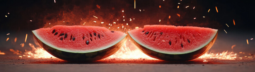 Fiery watermelon slices glowing with sparks and embers on dark background, creating dynamic and intense visual effect
