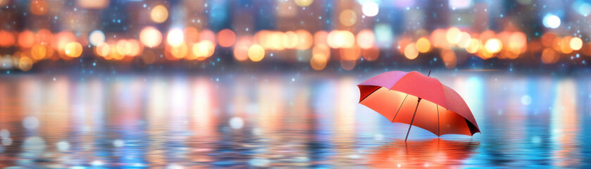 Red umbrella floating on calm water with colorful city lights reflecting and soft bokeh creating peaceful and dreamy atmosphere