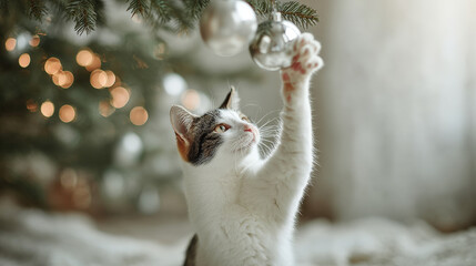 playful cat joyfully engages with shiny christmas ornament beneath beautifully decorated tree