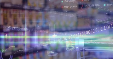 Shopping cart handle being pushed, AR data streaming across shelves and scanning inventory labels